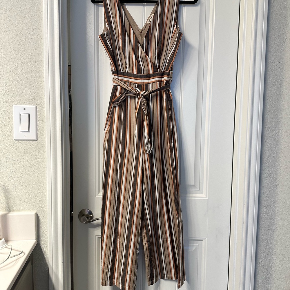 Miami Brown and White Striped Jumpsuit with V-Neck and Palazzo Legs